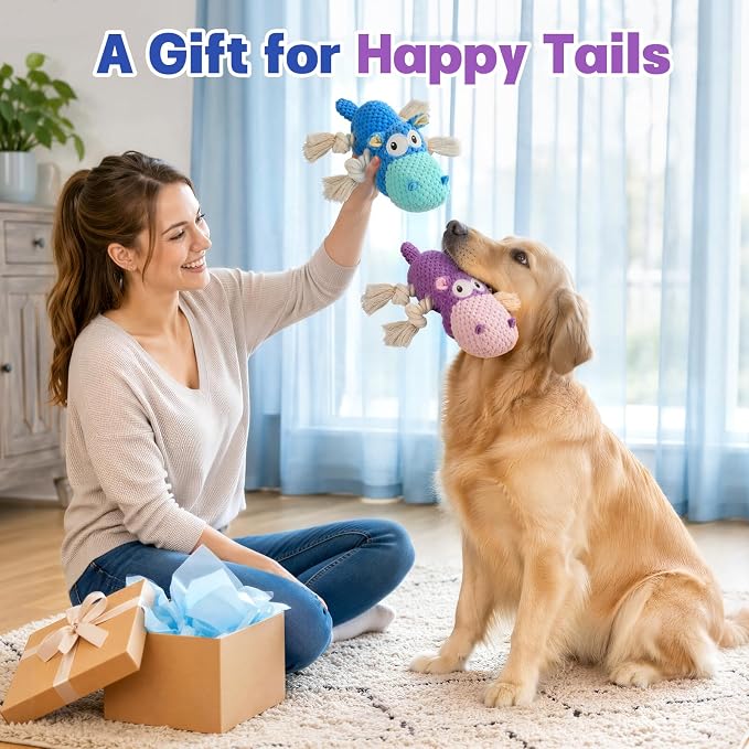 TOOPTATE 2-Pack Squeaky Hippo Dog Toys, Blue & Purple, Medium | Cute Plush Design, Rope Legs for Tugging, Helps Keep Dogs Busy, Suitable for Small, Medium, and Large Dogs - Image 6