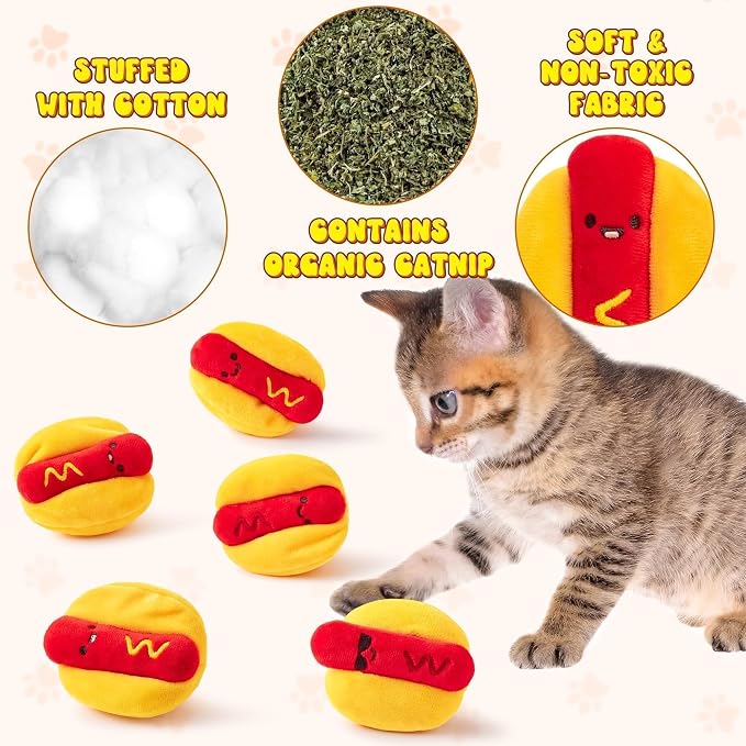 L1rabe Hot Dog Catnip Toys for Cats- Kitten Birthday Gifts for Cat Lovers | 5 Pcs Funny Catnip Stuffed Toys, Black Cat Appreciation Day, Hotdog Pet Interaction, Kitten Bite Supplies, Organic, Non-toxic - Image 3