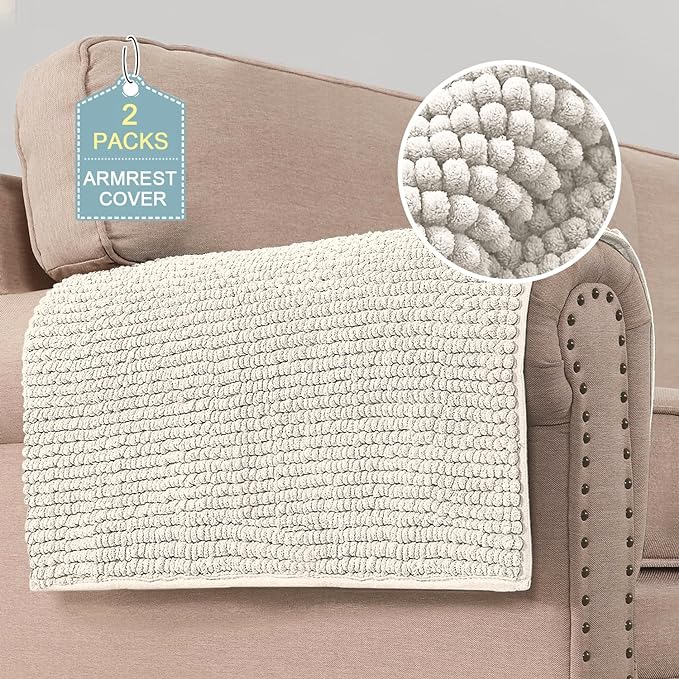H.VERSAILTEX Plush Chenille Couch Armrest Cover 2 Packs Thick and Soft Sofa Covers Furniture Protector Cover for Pets (27.5" x 27.5", Ivory) by HVERSAILTEX