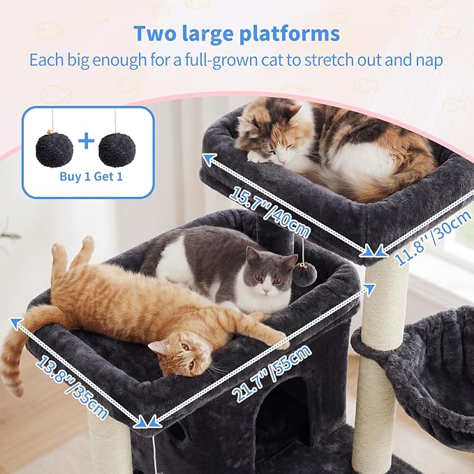 Heybly Cat Tree with Reinforced Big Base, 41.3 in Sturdy Cat Tower HCT075G | Indoor Cat Furniture Featuring 2 Roomy Platforms, Double Condos, 2 Cozy Baskets, Full Sisal Scratching Posts, Smoky Gray - Image 2