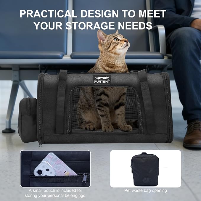 Soft-Sided Cat Carrier with Foldable Litter Box for Air Travel, Black | A compact soft-sided carrier with a foldable litter box and organized storage for flights, car trips and hotel stays. - Image 7
