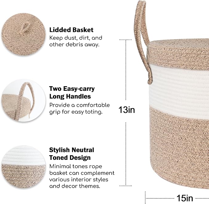 15”x13” Large Storage Basket with Lid, Blanket Basket Living Room, Woven Cotton Rope Baskets for Storage, Kids Toy Storage Bin, Tall Wicker Laundry Basket, Blankets Pillows Organizer Holder - Image 2