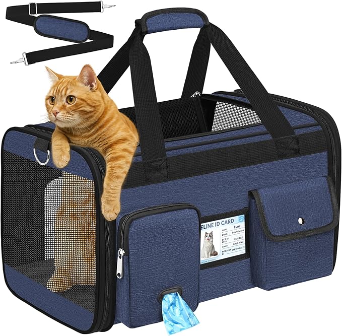 HUANLANG Large Cat Carrier Soft Sided Travel Pet Carrier Airline Approved | Dog Carriers for Small Dogs Medium Cats,Collapsible,3 Storage,zipper lock,Reflective strips,Luggage Strap, Up to 15 Lbs by HUANLANG