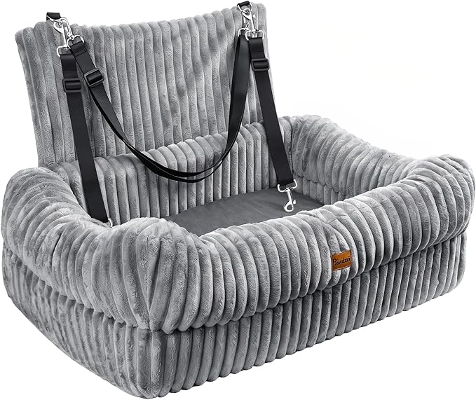 Pawaboo Dog Car Seat Bed, Memory Foam Booster for Medium/Large Dogs, Gray | Rear-seat pet travel bed with washable cover, safety leashes, thick cushion, and room for 2 small dogs by Pawaboo
