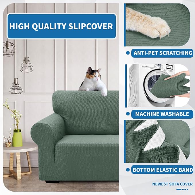 XINEAGE Stretch Jacquard Sofa Cover, Non Slip Sofa Slipcover for Dog | High-Stretch Fabric. Wear-Resistant, Pet Friendly. Easy Install & Washable for Living Rooms, Offices.Pea Green - Image 6