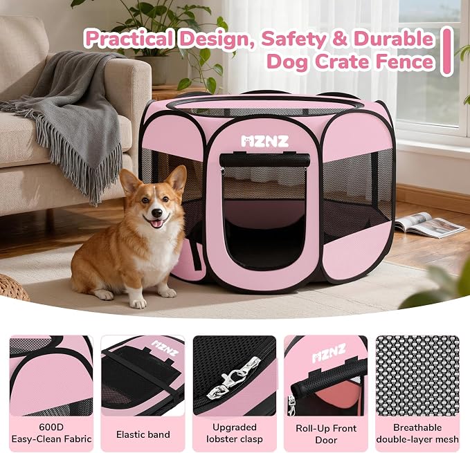 Dog Cat Small Animal Puppy Playpen Crate, Medium, Whole Pink | Portable Pop Up Pet Cage Enclosure Tent Kennel Indoor Outdoor with Carrying Case, No Assembly, Camping Use - Image 7