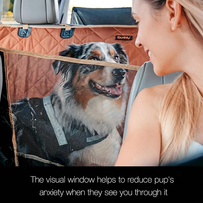 56"Wx60"L Dog Car Seat Cover for SUV & Truck, Heavy Duty 900D Waterproof Pet Hammock with Mesh Window, Odorless Scratchproof Backseat Protector for Large Dogs, Fit Model Y, F-150, RAV4 - Brown - Image 3