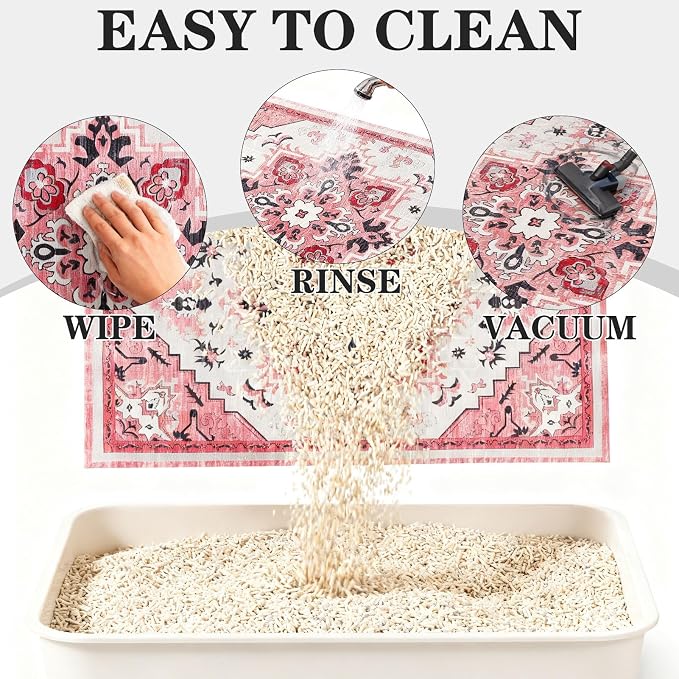 EXPAWLORER Cat Litter Mat, 20”x32” Small Non-Slip Urine Waterproof Litter Trapping Mat Easy to Clean Washable Litter Box Mat for Floor Soft on Kitty Paws, Indoor Food Mats Rug Pads for Bathroom Pink - Image 6