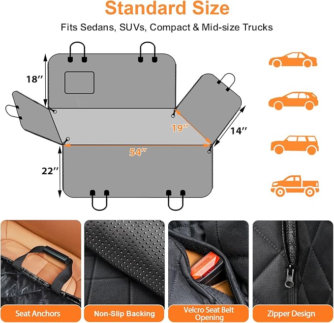 URPOWER Dog Car Seat Cover for Back Seat, Waterproof Hammock for Car & SUV | 600D Oxford, Side Flaps with Zippers, Scratch Resistant, Non-Slip, Easy Install, Machine Washable, Dog Seat Belt Included - Image 6