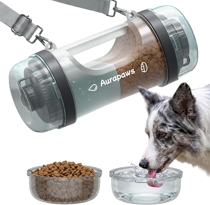 33.5oz Portable Dog Water Bottle for Travel Hydration&Food Feeder | 13.5oz Food Storage, 13.5oz Water Dispenser Bowl, 6.5oz Food Container, Leak-Proof, for All Breeds, Outdoor, Walking, Hiking by Aurapaws