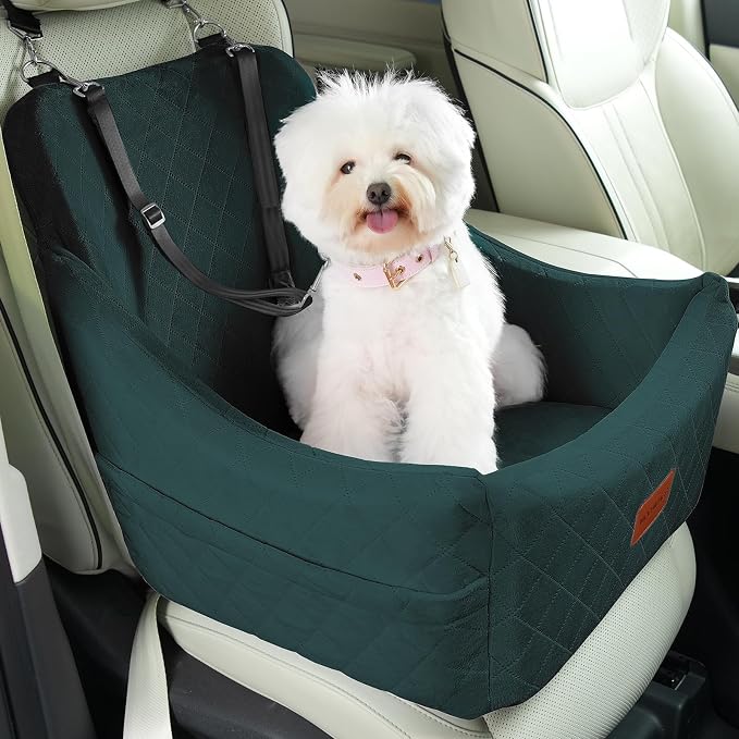 WOOAIDAGG Dog Car Seat for Medium Dogs, Pet Travel Bed with Seat Belt Channel, Fully Detachable and Washable, 3 Straps Easy to Install (Green) by WOOAIDAGG