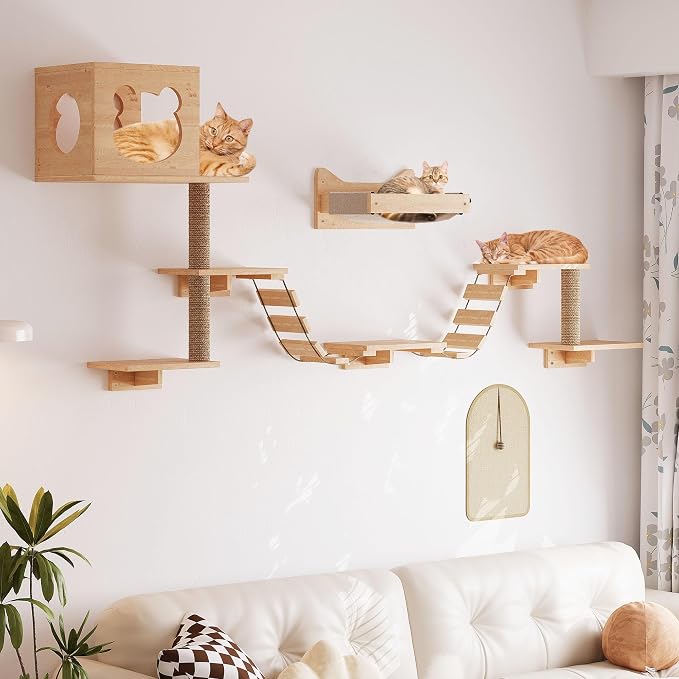 PETKABOO Cat Wall Shelves Cat Wall Furniture with Condo, Hammock, Scratching Pad, Platform and Ladder - Image 3