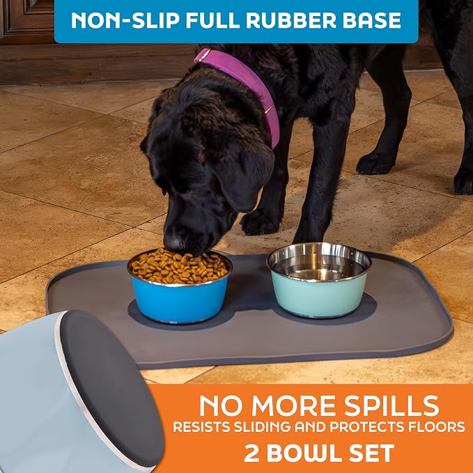 Master Pet Supply Stainless Steel Dog Bowls Set of 2 - Glacier Blue - 32 Oz | Non-Slip Rubber Base, Basic Dog Food Bowl Water & Food Bowls for Small, Medium, Large Dogs & Cats Metal Dish - Image 4