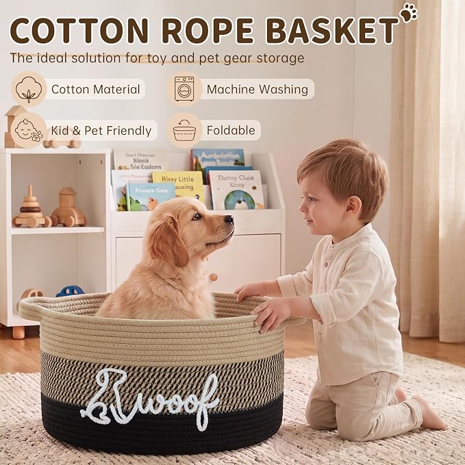 OIAHOMY 22L Large Dog Toy Basket, 16.5"x11.4"x9" Cotton Rope Basket with Cute Woof Embroidery, Soft Woven Pet Toy Box with Handles for Blankets, Leashes & Puppy Accessories, Yellow Black - Image 6
