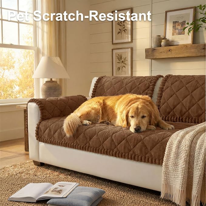 Smiry Non Slip Couch Cover for Dogs, Fuzzy Plush Pet Sofa Protector | Washable Furniture Cover for Large Dogs & Cats, Scratch & Dirt Resistant, For 3 Cushion Couch, Brown, 27.6"x95" - Image 2