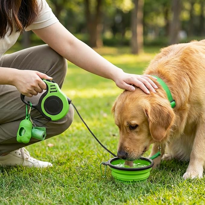 PETIMP Retractable Dog Leash Lightweight 16FT Leash Set | with Folding Bowl,Dispenser,waste Bags, for Small Medium Dogs(Green) - Image 2