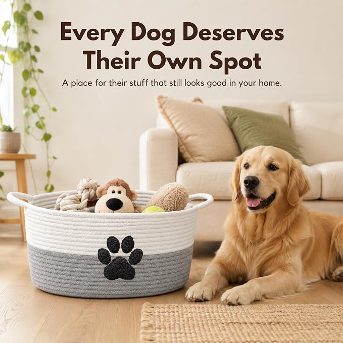 Dog Toy Basket with Handles, Grey Cotton Rope Storage Bin Organizer | Neutral grey dog toy organizer that blends any decor. Holds toys, blankets & leashes. Spot wash, collapsible rope bin. - Image 2