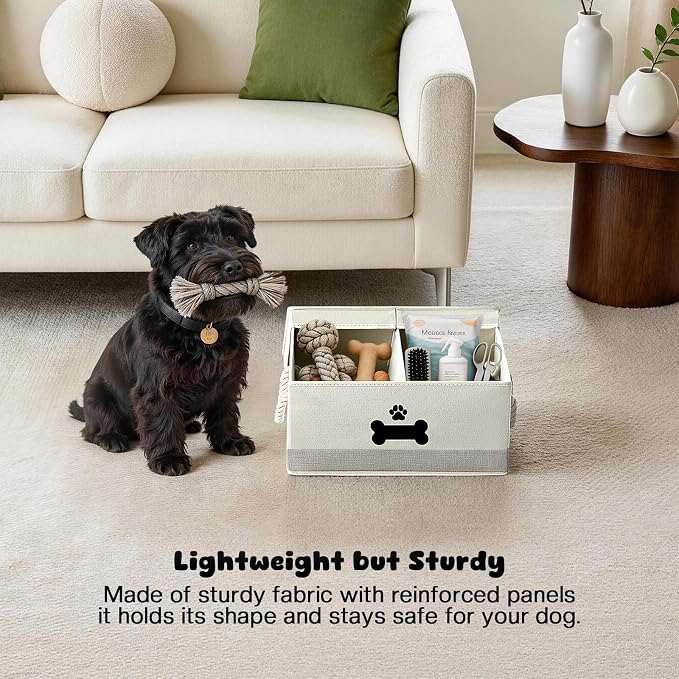 Dog Toy Basket with Double-Open Lid, Divided Dogs Basket for Toys, Collapsible Pet Toys Box, Dog Storage Organizer with 2 Divided Area, Puppy Toy Baskets with Rope Handles, Beige & Gray - Image 5