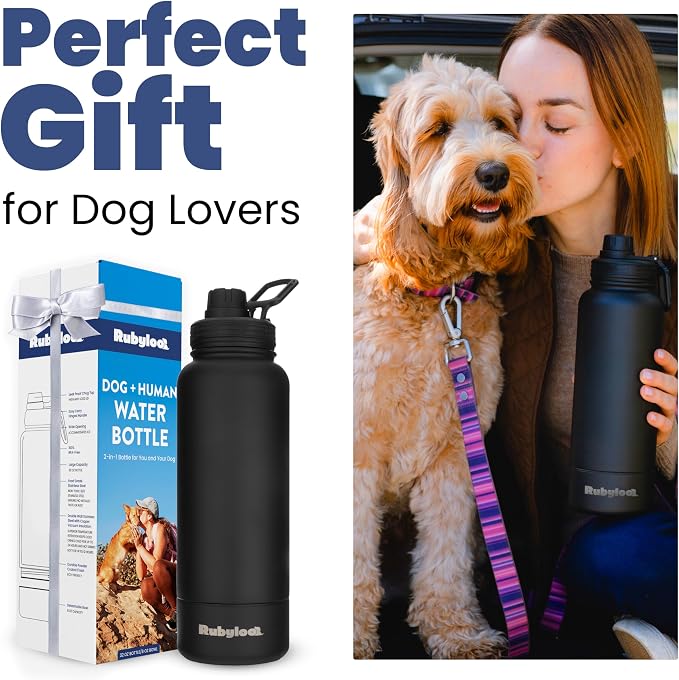 Rubyloo Dog Water Bottle with Detachable Bowl for Dog Lovers, Solid Black | 32oz Insulated Stainless Steel Bottle, 8oz Detachable Bowl, Leak-Proof Lid, BPA-Free, Hiking, Walking, Travel, Gift - Image 5