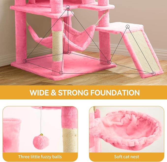 YITAHOME 75-Inch Tall Cat Tree Indoor | Multi-Level Cat Tower with Condos, Top Perches, Sisal Ramp, Scratching Posts & Cozy Basket Hammocks Pink - Image 6