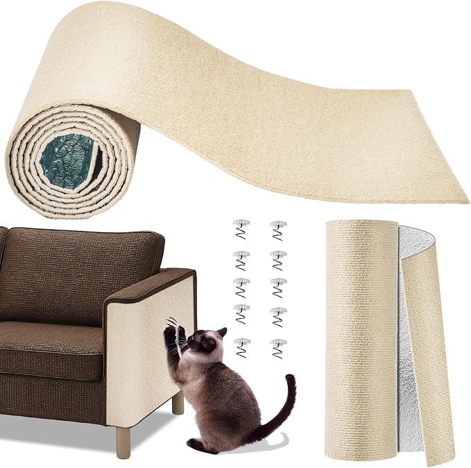 Cat Scratch Couch Furniture Protector,Trimmable Self-Adhesive Cats Claws Scratch Pads, Sisal DIY Climbing Couch Protector for Scratch Post Cat Tree Replacement Indoor(Khaki, 78.7"x15.8") by Unknown