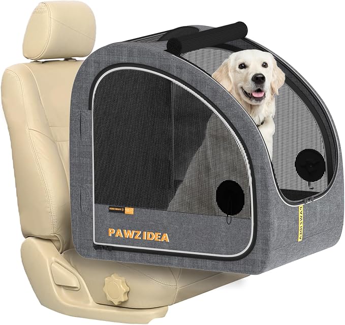 PAWZIDEA Portable Dog Crate for Car Travel, Medium & Large Dogs Up to 80lbs | Soft-Sided Dog Car Kennel for Backseat, Secures Seatbelt & Headrest Strap, Collapsible Enclosed Car Seat Carrier, Chew-Proof by PAWZIDEA-Inlovejoywelive