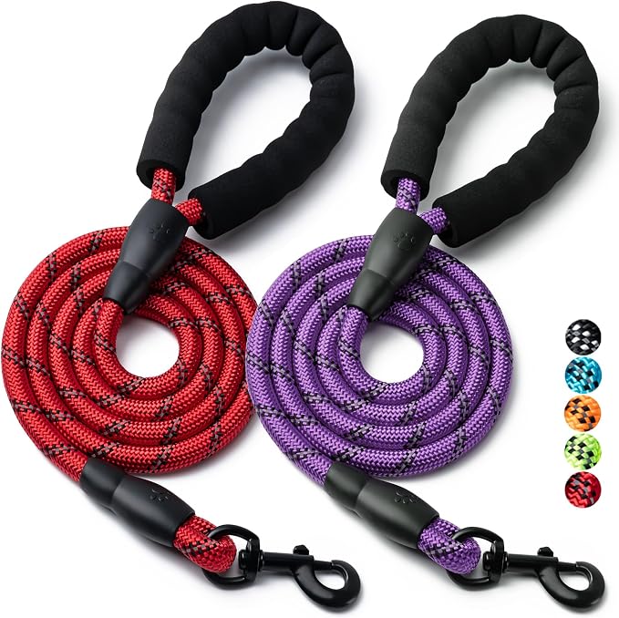 2 Pack Dog Leash, Heavy Duty Nylon Rope Pet Leashes (6FT-3/8,Red/Purple) | Comfortable Padded Handle, Anti-tangle Swivel Clip, Reflective for Night Walks and Training, Climbing Rope for Strong Pullers by BOOMIBOO