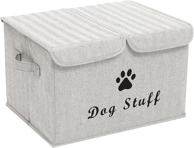 Large Dog Toys Storage Box Canvas Storage Basket Bin Organizer with Lid - Collapsible Linen Bin Ideal for Organizing Dog Cat Toys and pet Stuff-PP Boad-17" x 12" x 10" - Gray Stripe by Brabtod