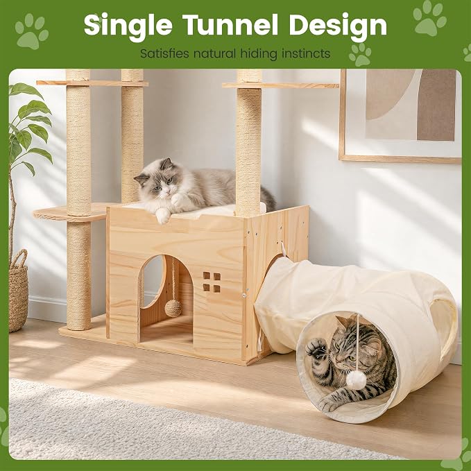 45 Inch Solid Wood Cat Tree, Modern Cat Tower for Indoor Cats, Cat Condo with Single Tunnel, Sisal Scratching Posts, High Perch Platform, Washable Cushion, Hanging Balls, Natural - Image 4