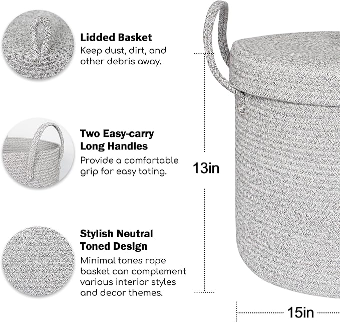 15”x13” Storage Basket with Lid, Blanket Storage for Living Room, Woven Cotton Rope Bin with Cover, Kids Dog Toy Box, Baby Laundry Basket with Lid, Covered Blankets Pillows Holder, Gray - Image 2