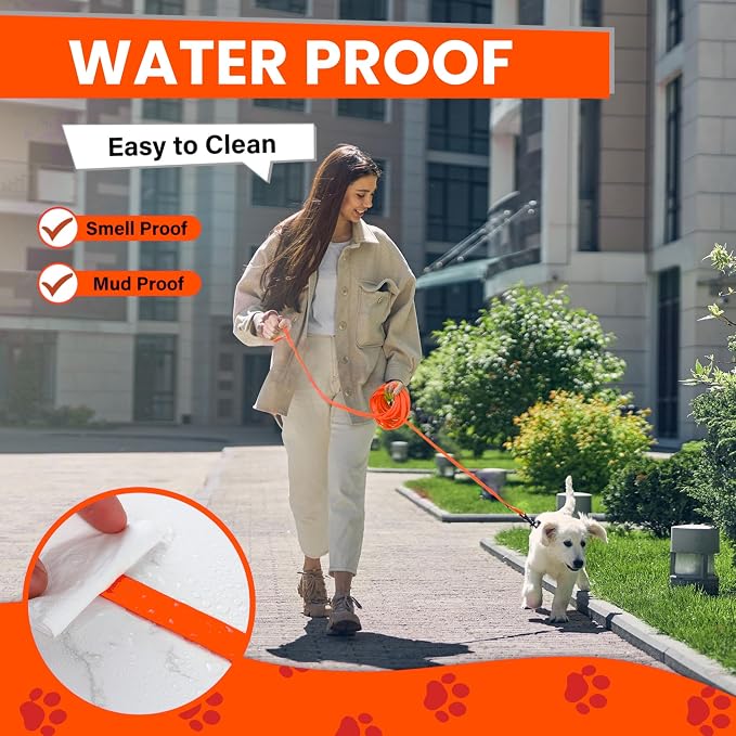 Waterproof Long Line Dog Leash, Padded Handle, 30 ft, Orange | Soft PVC-coated webbing with 360° swivel carabiner for swimming, tracking and rainy walks - Image 4