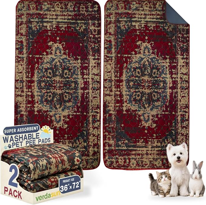 Washable Pee Pads for Dogs, Reusable Puppy Potty Training Pads, Ultra-Absorbent Thick Waterproof Leak-Proof Non-Slip Pads & Mat for Crate, Playpen, Floor, Whelping & Housebreaking , 2 Pack 36"x72" by Verdasun