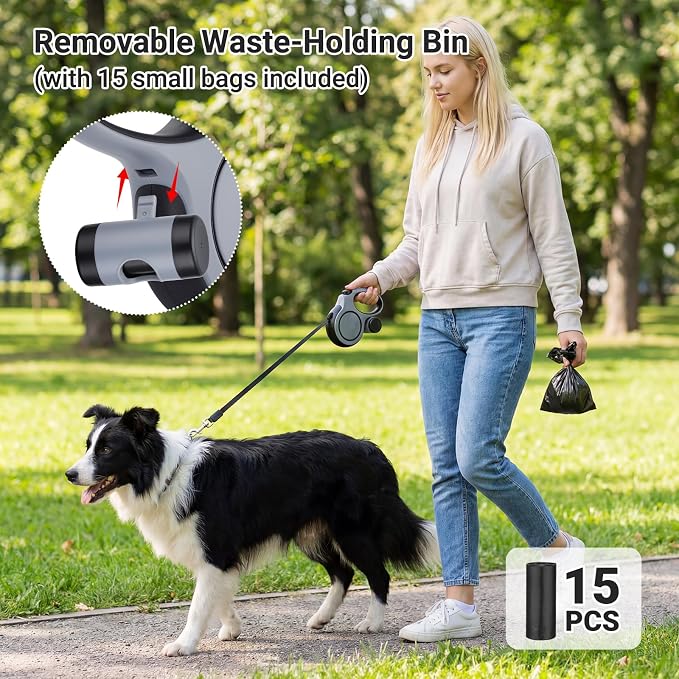 Segarty 16 Ft Retractable Leash with Waste Bag Dispenser, 5m Dog Leash with Anti-Slip Handle 360°Tangle-Free Retraction for Pet up to 66 Lbs, Durable Walking Accessory with One-Handed Brake Pause Lock - Image 6