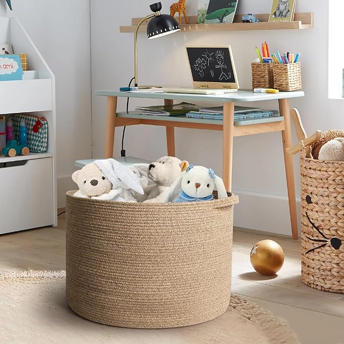 MEGASKET Extra Large Storage Basket, 22”x14” Woven Cotton Rope Basket, Big Kids Dog Floor Toy Bin, XXL Blanket Pillow Holder for Living Room Bedroom, Brown Variegated Round Baskets for Organizing - Image 5