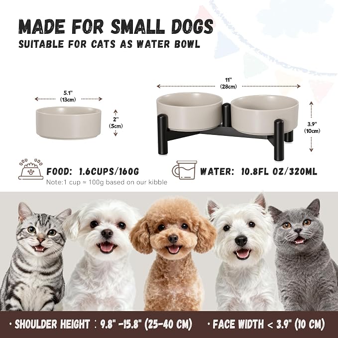 Raised Ceramic Dog Bowl Set with Stand, 1.6 Cups Elevated Dog Food Stand | 5.1'' Double Dog Food and Water Bowl Set, Non-Slip Dog Feeding Dishes for Small Breeds and Cats, 10.8 OZ, Grey - Image 2