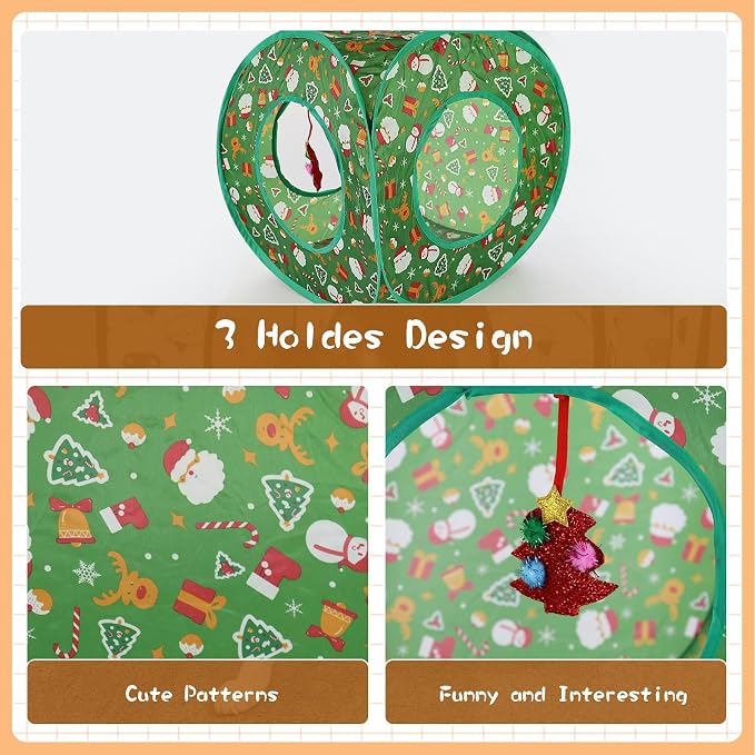 Andiker Cat Tent, 3 Holes Safe and Strong Cute Cats Tunnel Collapsible Easy to Carry Cat House for Indoor Cats Kittens Hiding Playing Training Sleeping (Square Green) - Image 3