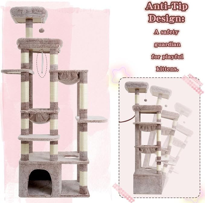 Heybly Cat Tree, 71-Inch Tall Cat Tower for Large Maine Coon Cats HCT037MU | Cat Condo Furniture with Extra-Large Baseboard, Multi-Level Platforms, 2 Hammocks and 12 Scratching Posts, Rosy Brown - Image 8