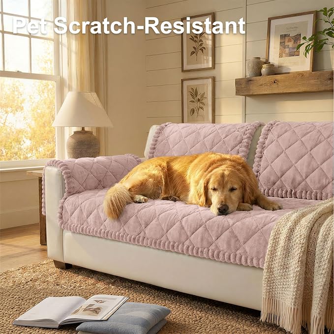 Smiry Non Slip Couch Cover for Dogs, Fuzzy Plush Pet Sofa Protector | Washable Furniture Cover for Large Dogs & Cats, Scratch & Dirt Resistant, For 3 Cushion Couch, Dusty Pink, 27.6"x82.7" - Image 2
