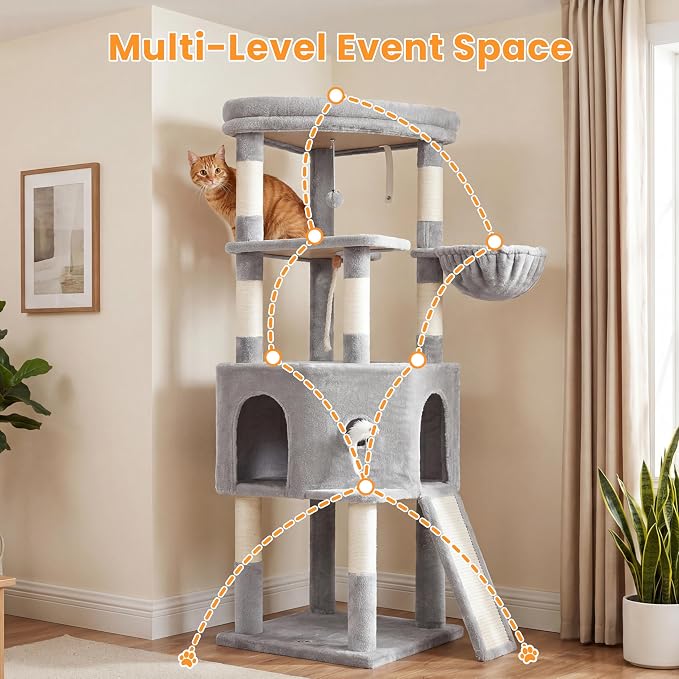 Cat Tree, 61 Inch Tall Cat Tower, Diamond-Shaped Cat Cave VCT001W | Cat Condo with Wide Top Perch & Basket, Sturdy Scratching Post, Interactive Toy for Large Indoor Cats, Light Gray - Image 8