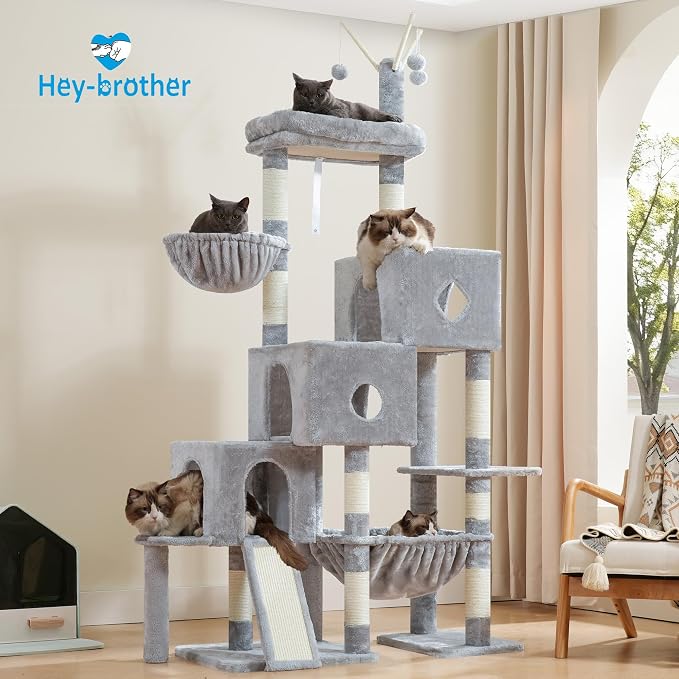 Hey-brother Cat Tree Tower with 3 Condos, Step Climbing Pathway MPJ081W | 74.8 Inches Scratching Post with 3 House, Hammock, Large Basket, Cozy Bed, Sisal Board, Toys for Big Indoor Cats, Light Gray - Image 8