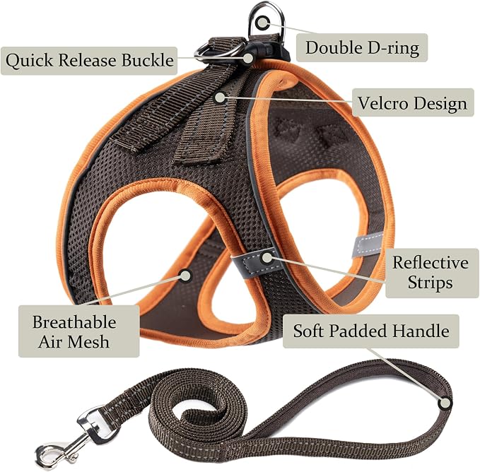 Dog Harness with Leash Set, Step-in Adjustable Puppy Pet Vest, Brown S | Lightweight Breathable Air Mesh, Night Safety Reflective, No Pull Puppy Vest Harnesses for Small Medium Large Dogs, Cats - Image 2