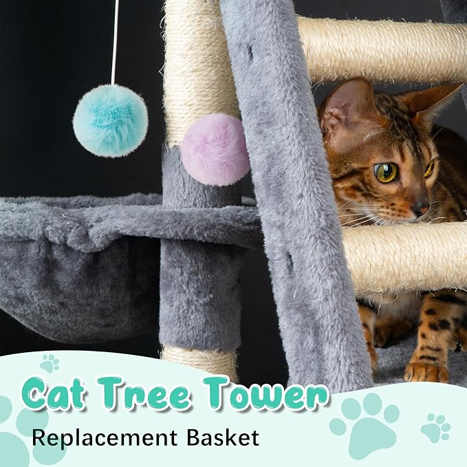 Dansydaisy 3 Pack 13" Large Cat Tree Hammock Basket Bed Lounger Tower Replacement Parts with 6 Pcs Hanging Elastic Strings Pom Pom Toys, Cat Tree Accessories Hammock Attachment (Gray) - Image 7