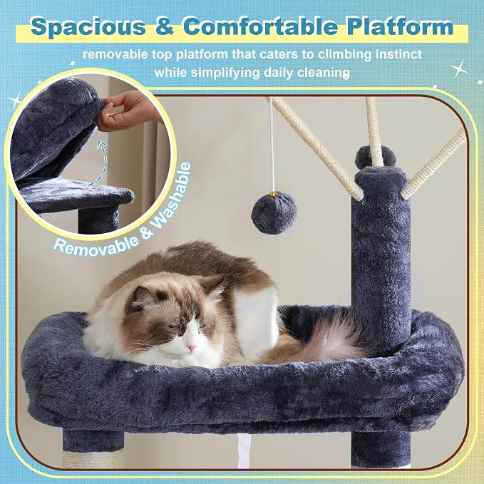 Hey-brother Cat Tree Tower with 3 Condos, Step Climbing Pathway MPJ081G | 74.8 Inches Scratching Post with 3 House, Hammock, Large Basket, Cozy Bed, Sisal Board, Toys for Big Indoor Cats, Smoky Gray - Image 5