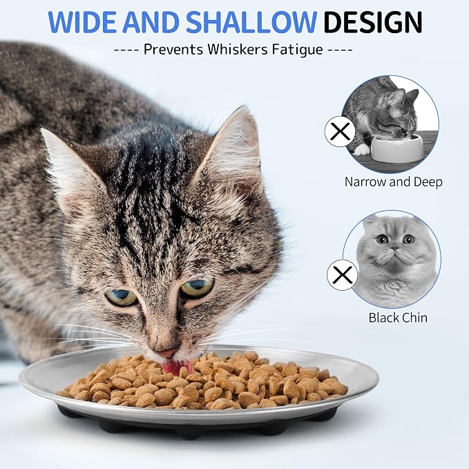 WROSWT Elevated Cat Bowls, Separable Dishes for Solo Use, 304 Stainless Steel Raised Cats Plates for Wet Food, Extra Wide Shallow Design for Whisker Relief, Non-Slip Silicone Base Kitten Feeder, 2 Set - Image 8
