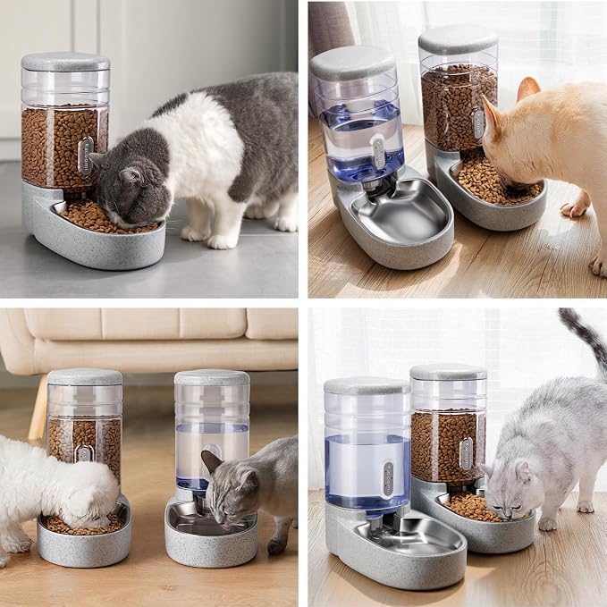 Automatic Cat Feeder and Water Dispenser with Stainless Steel Bowl Gravity Food Feeder and Waterer Set for Small Medium Dog Puppy Kitten 1 Gallon x 2(Grey) - Image 7