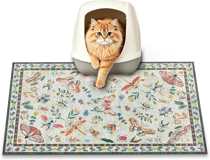 Cat Litter Mat, 24" x 16" Litter Mat, Traps 100% Litter, Non-Slip Litter Box Trapping Mat, Cute Decor Mat, Easy Clean for Scatter Control, Waterproof Urine Protection by PPETDogSupplies