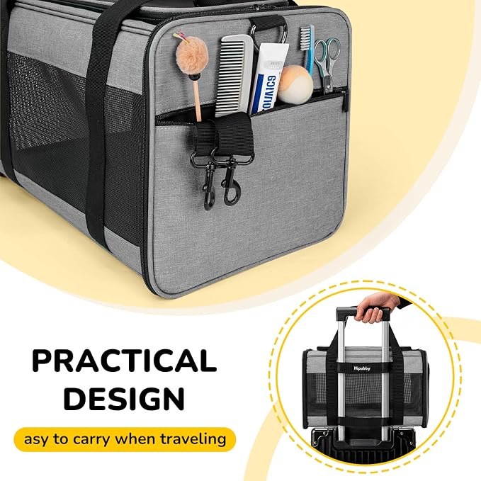 Hipubby Cat Carrier Dog Carrier for Pets Up to 16 Lbs, Soft-Sided Pet Travel Carrier for Cats and Small Dogs, Airline Approved Pet Carrying Case with Shoulder Strap & Removable Mat - Grey - Image 5