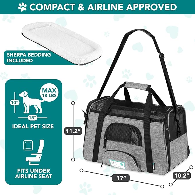 PetAmi Airline Approved Pet Carrier for Cats Small Dogs, Small Heather Gray | Soft Sided TSA Travel Bag, Sherpa Bed, Breathable Mesh Ventilation, Collapsible Bowl, Fits Under Seat, Up to 18 lbs - Image 2
