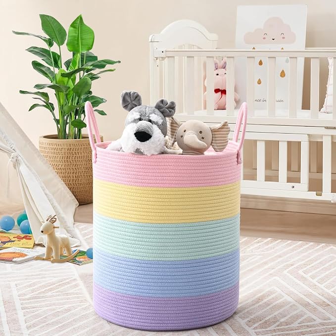 Laundry Hamper for Organizing, 52L Large Laundry Baskets, Cotton Rope Woven Blanket Basket, Collapsible Laundry Hamper for Living Room, Nursery, 15"×18", Light Rainbow - Image 6