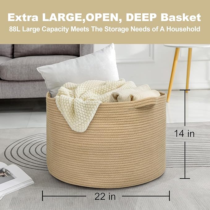 MEGASKET Extra Large Storage Basket, 22" X 22" X 14" Stuffed Animal Basket for Living Room Kids Room, Soft Cotton Rope Bin With Handle, Throw Blanket Storage, Stuffed Animal Toy Organizer Box - Image 3